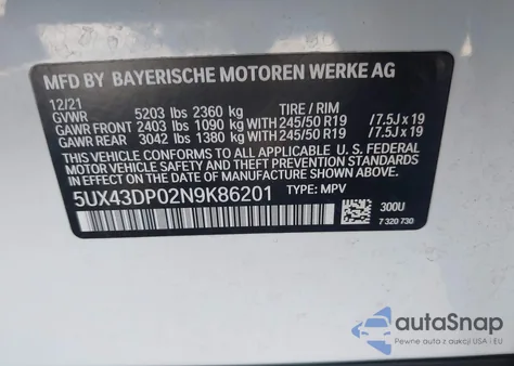 2022 BMW X3 Sdrive30I z USA, uszkodzony, nr VIN 5UX43DP02N9K86201